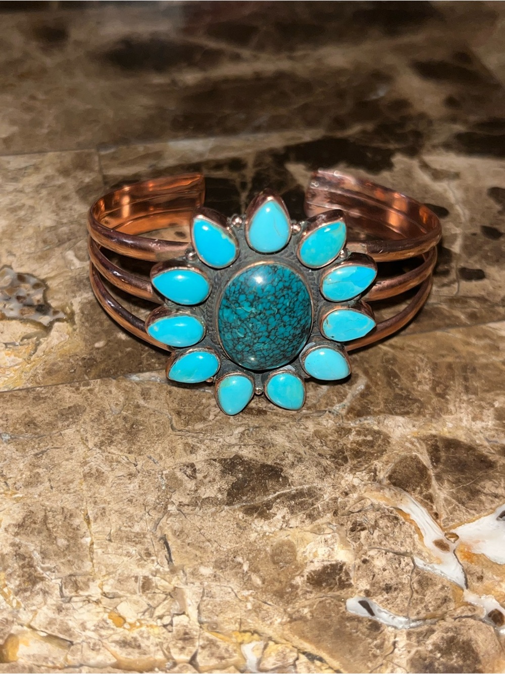 Kingman Turquoise Flower Sunburst Copper Cuff Southwestern Style